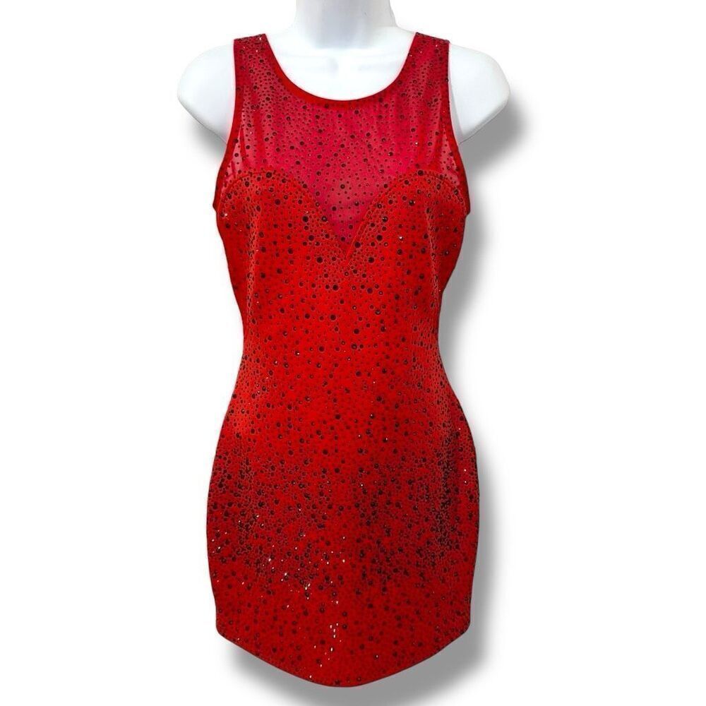 Gold Label Red Black Beaded Sleeveless Bodycon Mini Dress (S)